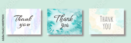 Watercolor thank you cards template set. Hand drawn illustration. Vector EPS.