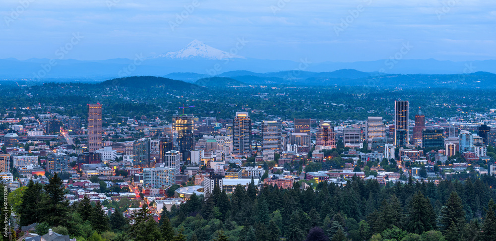 Portland Oregon - A panoramic overview of downtown Portland on a stormy Spring evening. Oregon, USA.