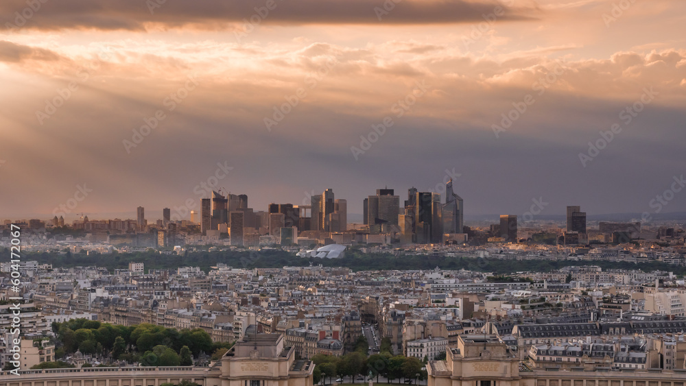 Panoramic view of the La Défense district and the Trocadero in Paris from the heights at sunset