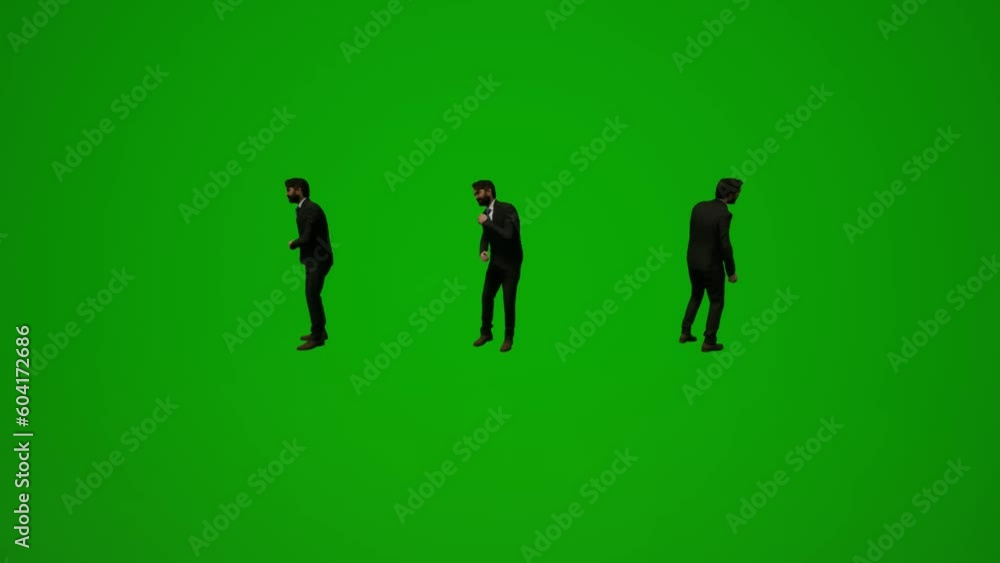 3D man in suit on green screen dancing and celebrating in several