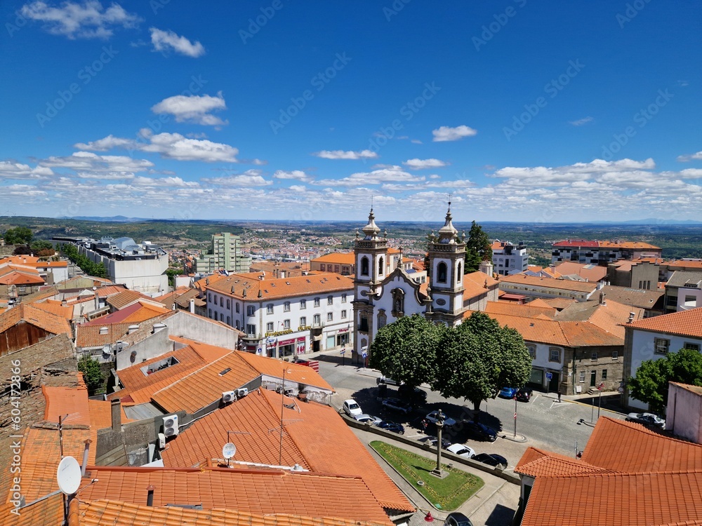 Aerial view of Guarda, old town in Portugal, old houses, orange roof, sunny day, spain