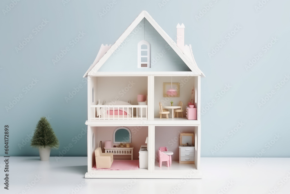 Tiny pastel dollhouse against a white wall light background with copy space for text. Miniature toy house with tiny cute furniture, front view. Generative AI photo imitation. - obrazy, fototapety, plakaty 