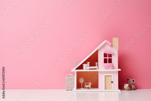 Pink dollhouse against a pink wall background with copy space for text, banner template. Miniature toy house with tiny cute furniture, front view. Generative AI photo imitation. photo