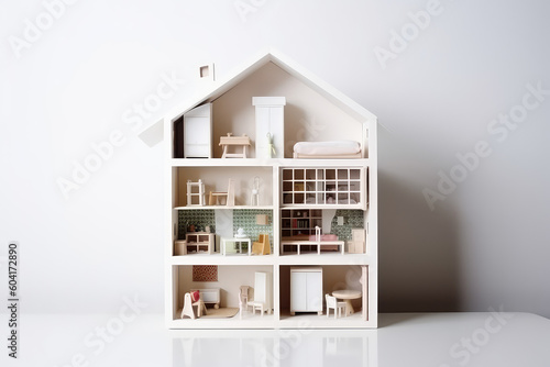 Open dollhouse against a white wall background with copy space for text. Miniature toy house with tiny cute furniture, front view. Generative AI photo imitation.