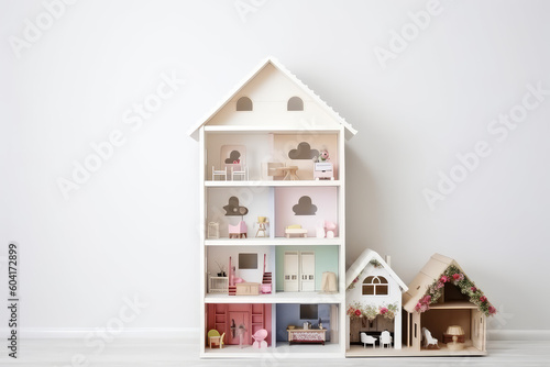 A dollhouse with many rooms against a white wall background with copy space for text. Miniature toy house with tiny cute furniture, front view. Generative AI photo imitation.