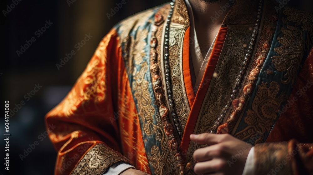 A person wearing traditional clothing, with a focus on the details of the fabric.
