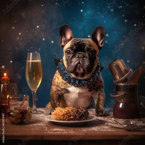 French Bulldog drinking champagne on New Years Eve. Illustration AI Generative. © ArtCookStudio