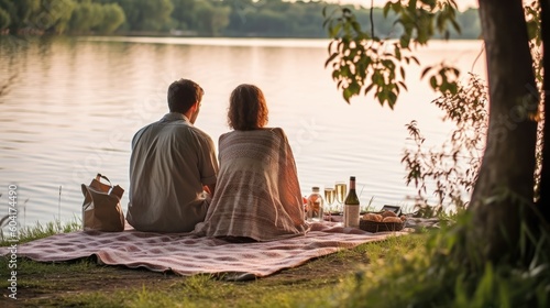 A couple enjoying a picnic by a lake surrounded by trees and a forest. 