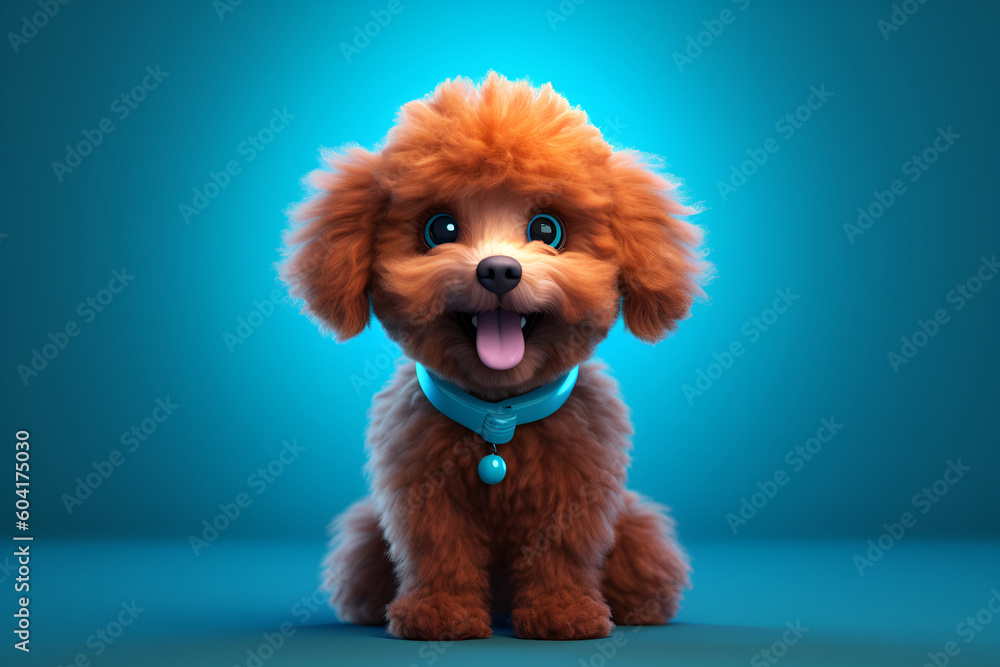 Cute Poodle cartoon character, brown toy poodle dog on blue gradient background. Generative AI