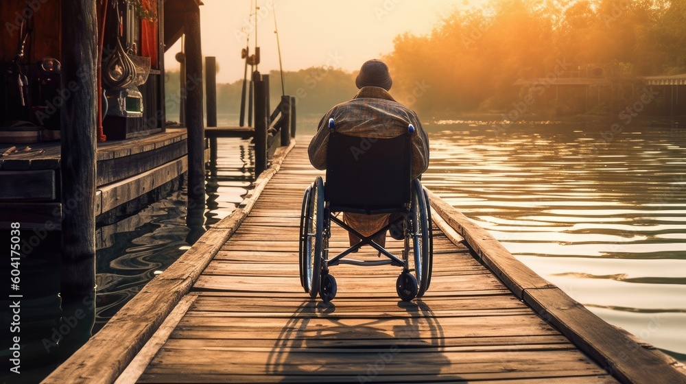 Φωτογραφία A person in a wheelchair fishing on a dock, captured from behind