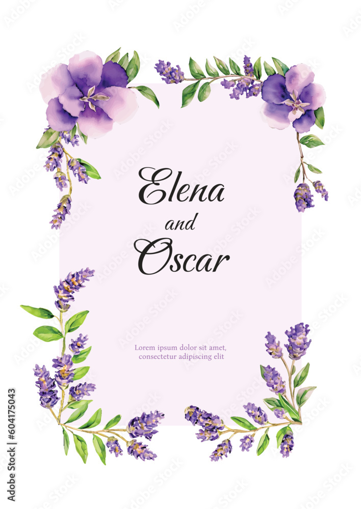 Lavender wreath card, Flowers decor greeting. Vintage style bouquets and Provence wedding ceremony invitation, Vector watercolor