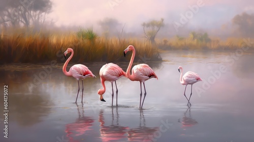 Pink flamingo background. Illustration AI Generative.