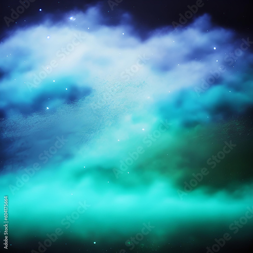 Color mist. Ink water. Haze texture. Fantasy night sky. Blue green shiny glitter steam cloud blend on dark black abstract art background.