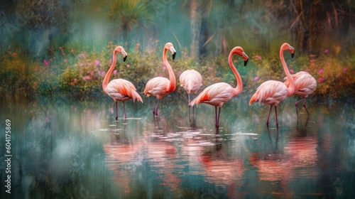 Pink flamingo background. Illustration AI Generative. © ArtCookStudio