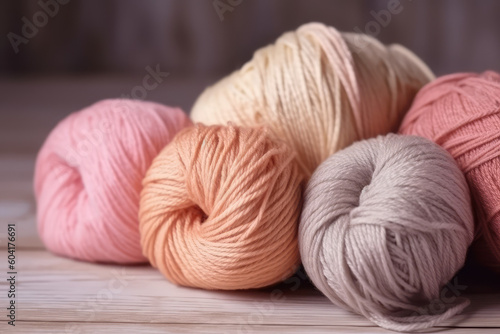 Close Up of yarn balls. Orange pastel colors. Yarn for knitting. Skeins of yarn. Knitting needles, colorful threads. Knitting wallpaper background. Generative AI professional photo imitation.