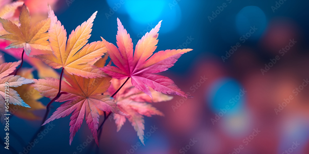 Autumn maple leaves on the deep blue sunset sky background. Fall concept banner. Free space for text. Generative AI Autumn maple leaves on the deep blue sunset sky background. Fall concept banner. Free space for text. Generative AI