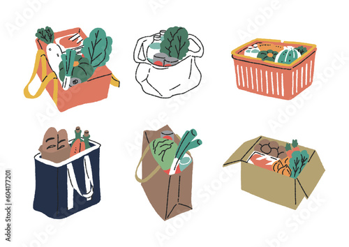 ビニール袋や買い物カゴ、エコバックに入った食料品のイラストセット