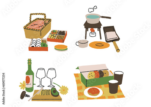 アウトドアでの食事のセット　コミカルな手書きの人物　ベクター、温かみのある線画
