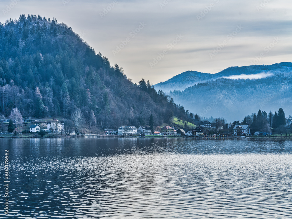 Bled lake side village and mountain during winter, Bled, Slovenia