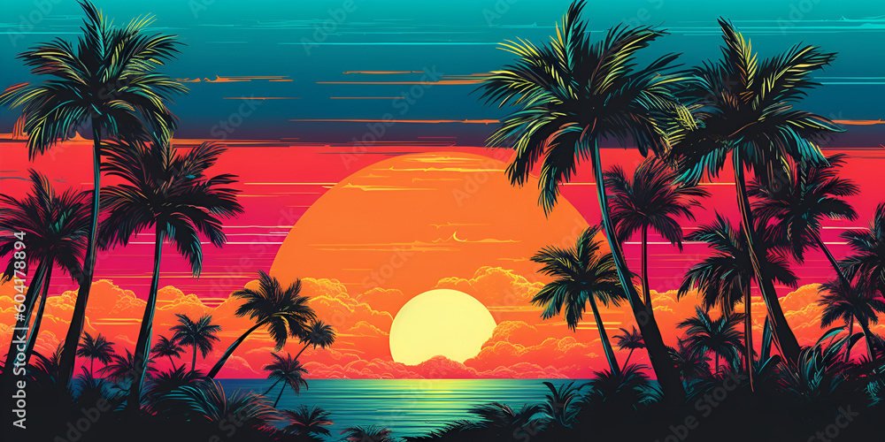 Aesthetic art collage with awesome view of nature with palm trees in the vivid colours in retro wave style Generative AI
