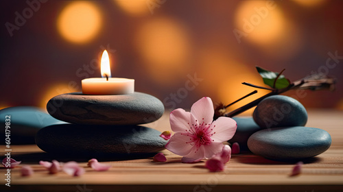 spa still life with candles and orchid  sakura cherry blossom zen wellness - by generative ai