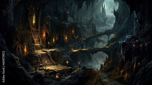Slika na platnu grim dark fantasy cave mine undergrounds landscape ruins - by generative ai