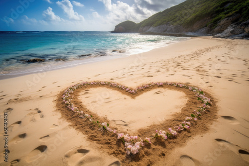 Heart of flowers on the beach created with Generative AI