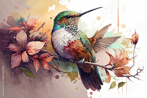 Colorful humming bird on stick tree with flower in watercolor design artistic. Concept of painting technique isolated on white background in canvas. Glorious generative AI. photo