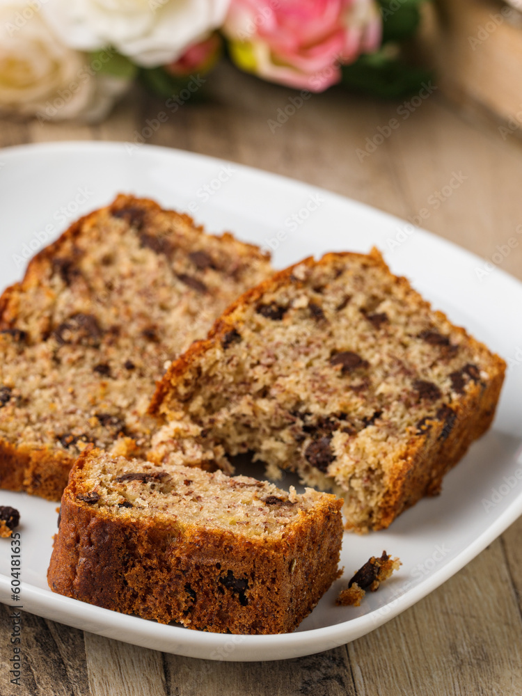 Fresh baked banana bread with chocolate chips Fresh baked banana bread with chocolate chips