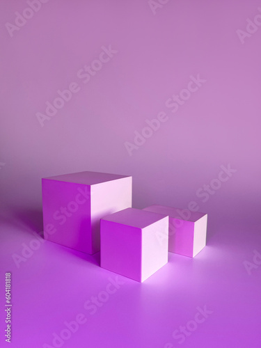 Three empty stands and abstract Purple geometry background. Podium, pedestal, platform for cosmetic product presentation, showcase. Minimalist mock up scene, concept template.
