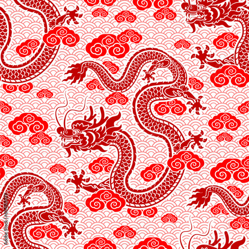 Seamless pattern happy chinese new year 2024 the dragon zodiac sign with asian elements paper cut style on color background. ( Translation : happy new year 2024 year of the dragon )