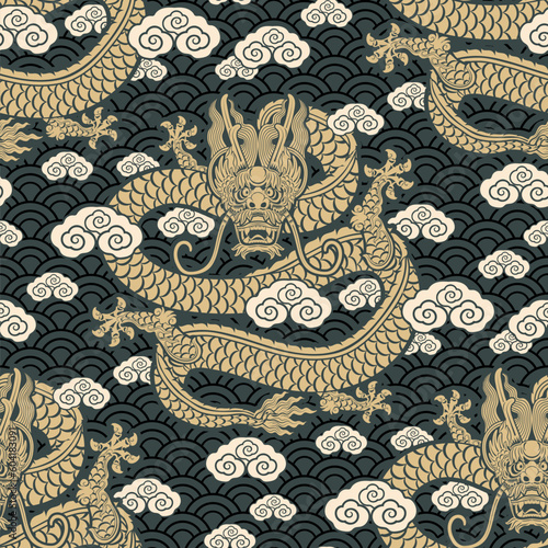 Seamless pattern happy chinese new year 2024 the dragon zodiac sign with asian elements paper cut style on color background. ( Translation : happy new year 2024 year of the dragon )