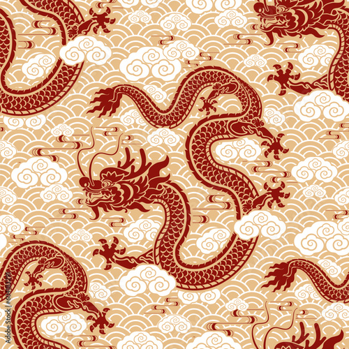 Seamless pattern happy chinese new year 2024 the dragon zodiac sign with asian elements paper cut style on color background. ( Translation : happy new year 2024 year of the dragon )