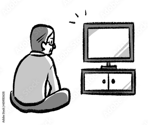1人でテレビを見るおじいちゃんの手書き風モノクロイラスト