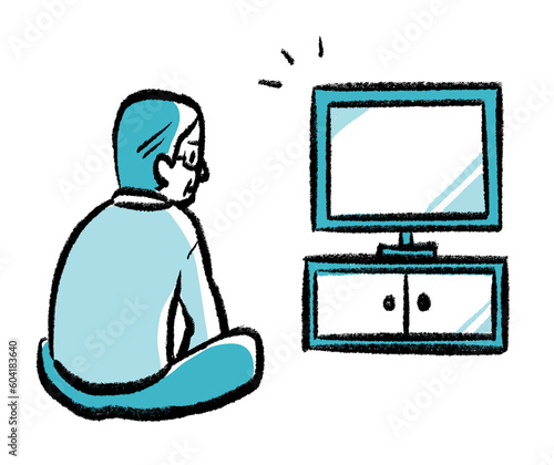 1人でテレビを見るおじいちゃんの手書き風イラスト