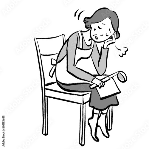 家事に疲れて椅子に座りこんでしまうおばあちゃんの手書き風イラスト