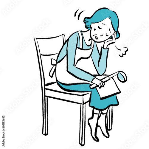 家事に疲れて椅子に座りこんでしまうおばあちゃんの手書き風モノクロイラスト