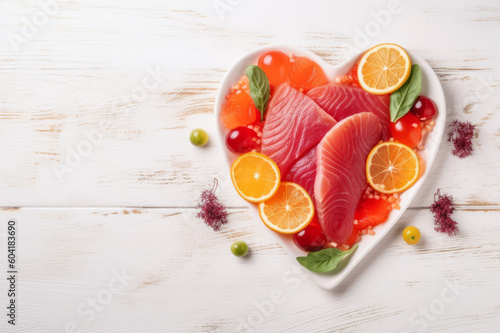 Sashimi plate in the shape of heart. Creating using generative AI