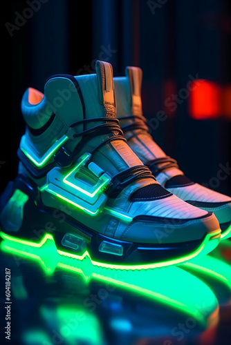 Futuristic neon sneakers with cyberpunk influence. AI generative