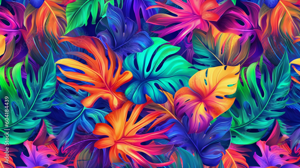 Jungle leaf pattern, hawaiian, hibiscus, neon bright colorful. AI generative Jungle leaf pattern, hawaiian, hibiscus, neon bright colorful. AI generative
