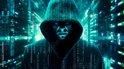 Portrait of an anonymous hacker, wrapped in a hoodie, against a background of strings of complex binary code. Cybersecurity, cybercrime, cyberattack, generative AI