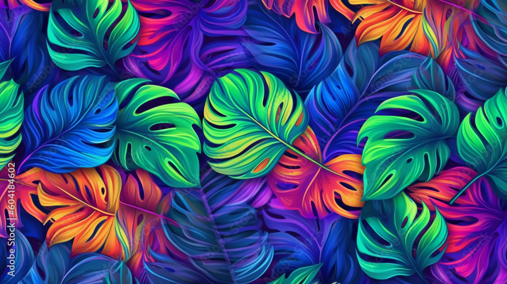 Jungle leaf pattern, hawaiian, hibiscus, neon bright colorful. AI generative Jungle leaf pattern, hawaiian, hibiscus, neon bright colorful. AI generative