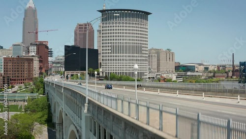 Cleveland Ohio downtown skyline bridge upwards reveal 4K drone