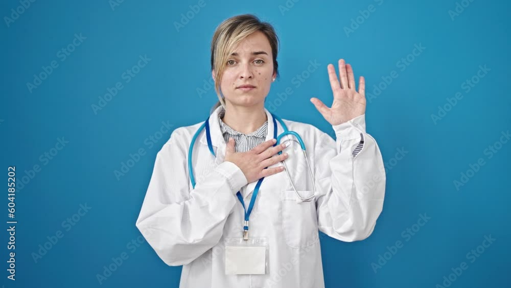 Young blonde woman doctor making an oath with hand on chest over isolated blue background Young blonde woman doctor making an oath with hand on chest over isolated blue background