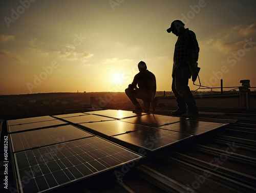 Solar power installation service, sustainable solar power panels, solar energy. Generative AI