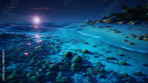 Ocean shore at night, the water is full of dinoflagellates, glowing with millions bright blue neon glow in the dark tiny dots. AI generative