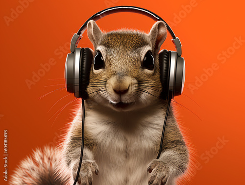 Cute squirrel wearing headphones and listening to music on orange background - Generative AI photo