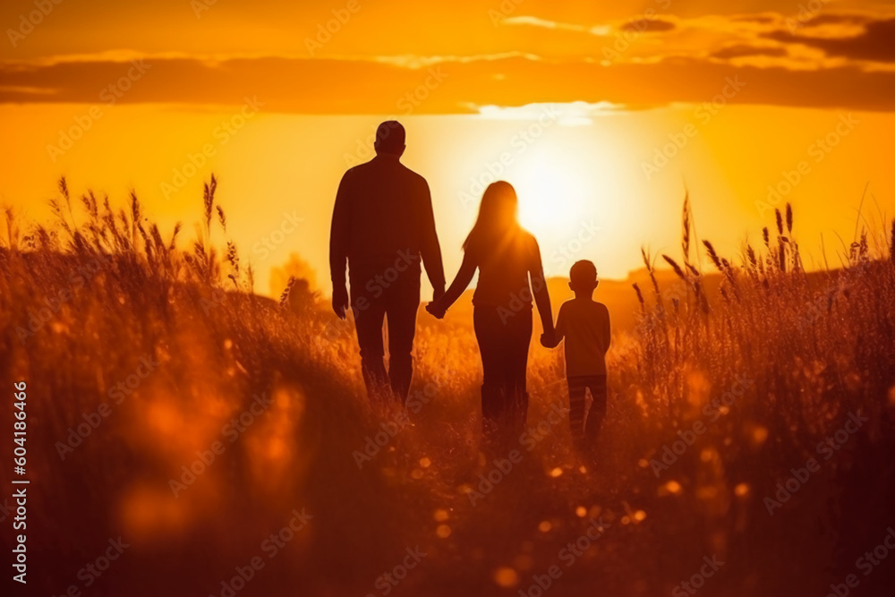 Silhouette of happy family walking in the meadow at sunset. AI generative Silhouette of happy family walking in the meadow at sunset. AI generative