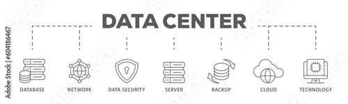 Data center banner web icon vector illustration concept with icon of database, network, data security, server, backup, cloud and technology
