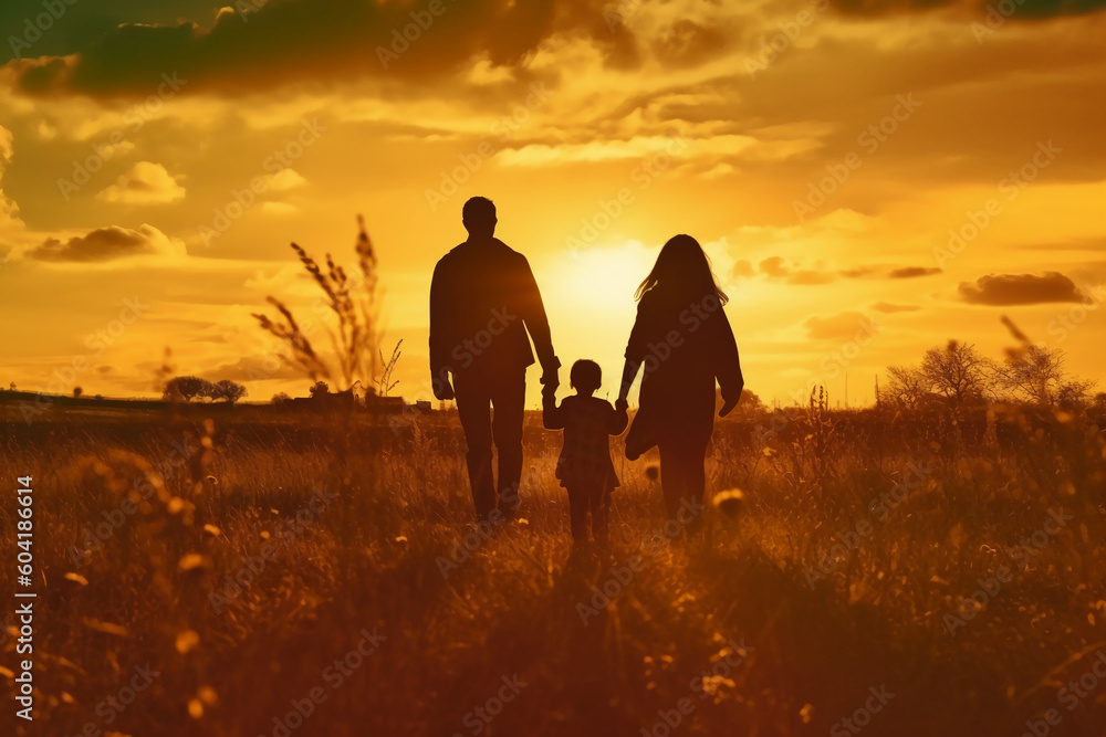 Silhouette of happy family walking in the meadow at sunset. AI generative